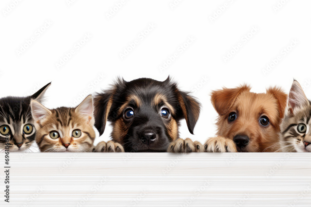 Cute dogs and cats peek over web banner. AI Generative forms a friendly pet header with attentive eyes. Cute dogs and cats peek over web banner. AI Generative forms a friendly pet header with attentive eyes.