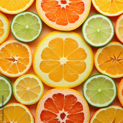 A bunch of oranges and limes are arranged in a pattern. Generative AI.