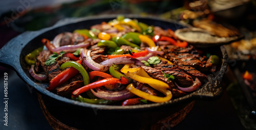 stew with vegetables, A Close-up shot of sizzling fajitas on a hot skill