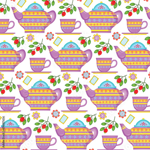 Spring floral summer afternoon tea time illustration seamless pattern. Seamless pattern with hand drawn tea and coffee cups and pots for scrapbooking, wrapping paper, textile prints, wallpaper,  © nhjenny