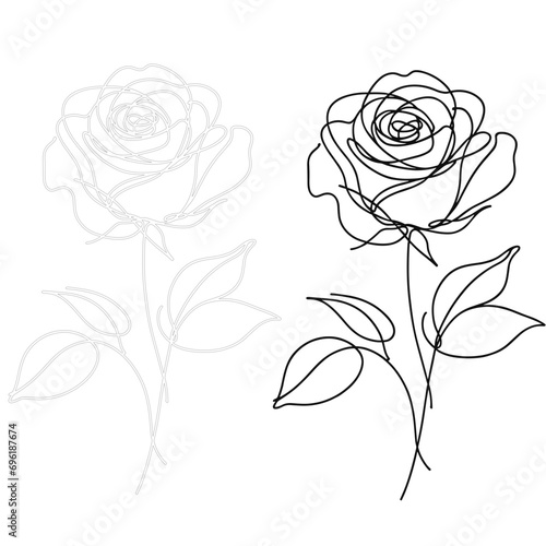 薔薇の線画、シンプルな２種類の画像。生成AIで作成された。一輪の花が美しいイラスト。
