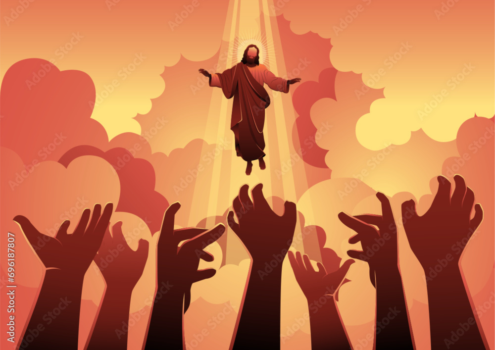 Jesus in the open sky with human hands trying to reach him Jesus in the open sky with human hands trying to reach him