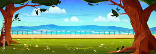 Summer day in park near sea water. Vector cartoon illustration of waves on river, public garden alley with railing, green lawn with flowers in shadow of old trees, clouds and birds flying in blue sky