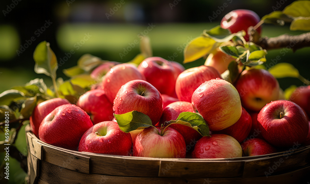 Freshly Harvested Red Apples in a Rustic Basket Under an Apple Tree Freshly Harvested Red Apples in a Rustic Basket Under an Apple Tree