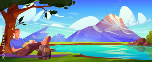 Male tourist sitting on grass near mountain lake. Vector cartoon illustration of young man drinking cup of tea under tree, admiring river water, having rest after hiking activity, summer vacation