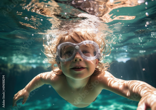 Caucasian cute underwater active children leisure swim sport pool childhood blue water summer
