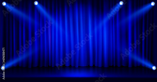 Blue curtain with spotlights on stage. Vector realistic illustration of concert hall with lamps shining bright, glossy floor and fabric drapery, awarding or graduation ceremony, show banner background