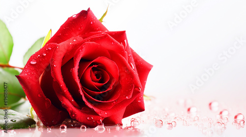 Red rose with water drops on white background with copy text space - ai generative