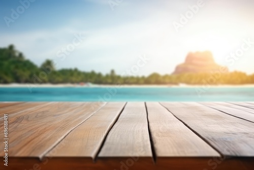 The empty wooden table top with blur background of Thailand beach. Exuberant image. generative AI