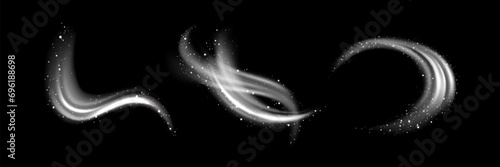 White light waved and circular neon elements with swoosh effect and round snowflakes or sparkles. Realistic vector illustration set of magic glowing swirl circle lines with flying particles.