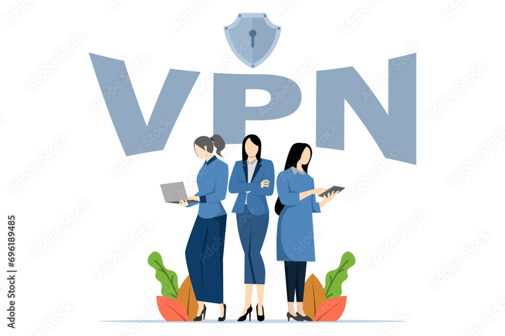 character accessing sites using VPN service to bypass blocking and unblocking, Programs for free use of the Internet, messengers and social networks, Character using laptop, Flat Vector illustration.