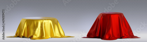 3D round podiums covered with red silk cloth isolated on transparent background. Vector realistic illustration golden product presentation platform, award ceremony pedestal under scarlet satin fabric
