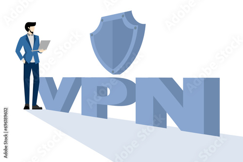 character accessing sites using VPN service to bypass blocking and unblocking, Programs for free use of the Internet, messengers and social networks, Character using laptop, Flat Vector illustration.