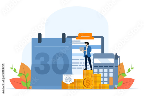 Salary payroll system concept, online income calculation and automatic payment, office accounting administration or calendar payment date, businessman standing with online payroll computer.