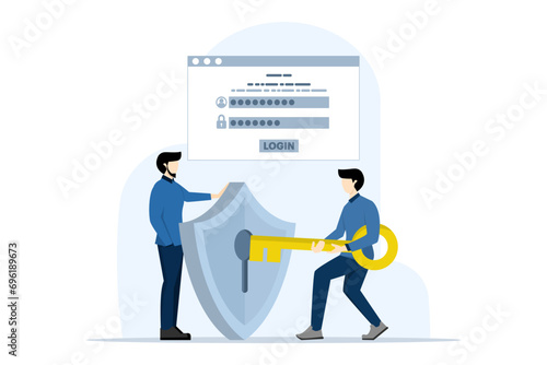Account security concept, businessman holds key to access security system that protects user account data and password for login. account information and password. flat vector illustration.