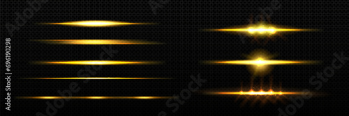 Horizontal golden light line with fade effect. Realistic vector illustration set of glow flare burst with beams. Neon flash strip with sparkle on transparent background. Magic shiny shimmer with