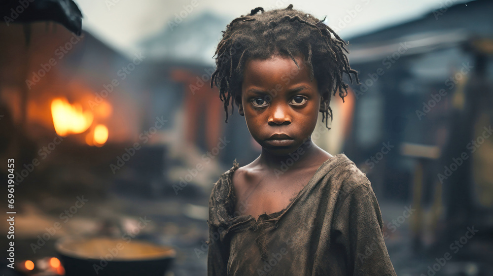 Portrait of a dark-skinned girl in the slums. A little girl looks at ...
