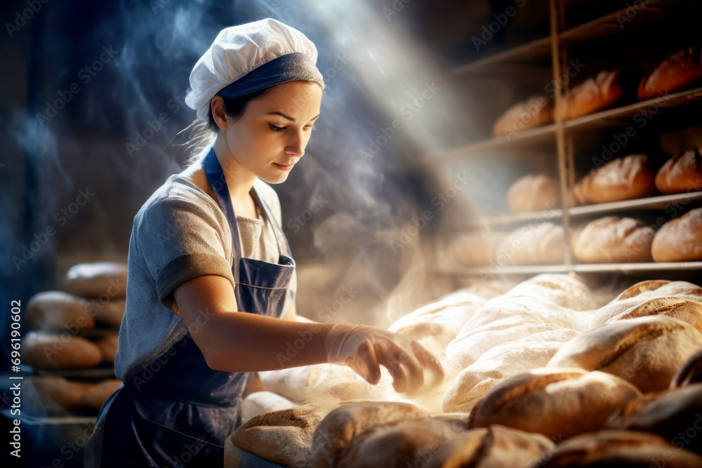 A woman working in a bakery making bread. Private bakery. Fresh bread every morning.
