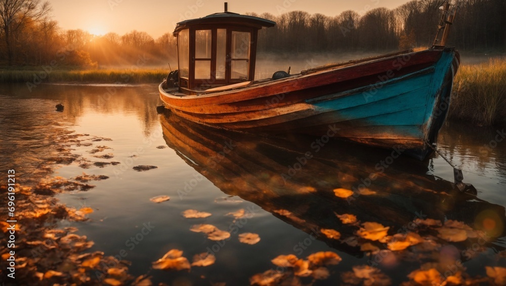 Sunset on the lake with old boat. Golden Hour. Generative Ai.