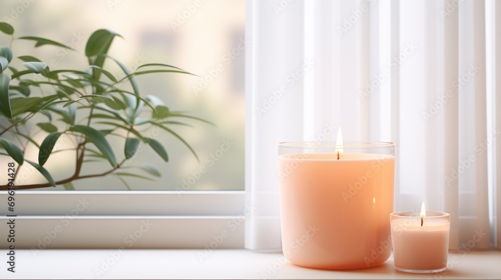 Pastel peach color candle on a window sill Pastel peach color candle on a window sill