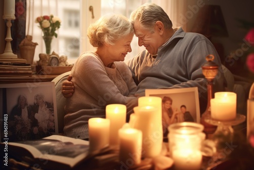Elderly couple enjoying memories with photo album by candlelight. Nostalgia and love.