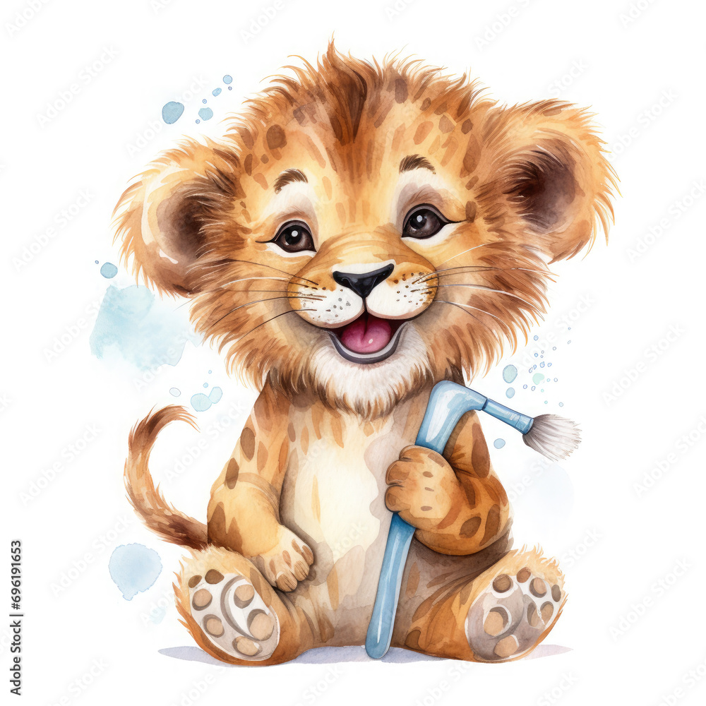 Baby lion bedtime wearing pajama and holding tooth brush Illustration, Generative Ai Baby lion bedtime wearing pajama and holding tooth brush Illustration, Generative Ai