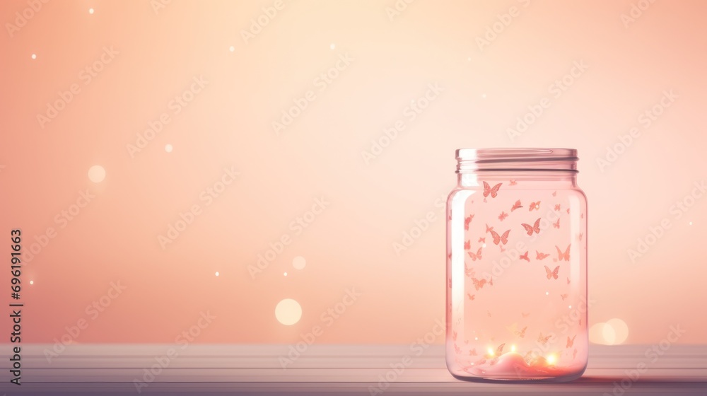 Pastel peach color mason jar with fireflies, copy space Pastel peach color mason jar with fireflies, copy space