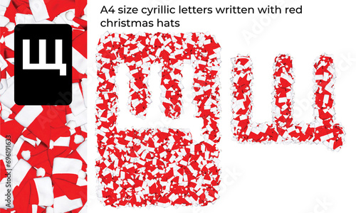 A4 Size cyrillic letters written with red christmas hats