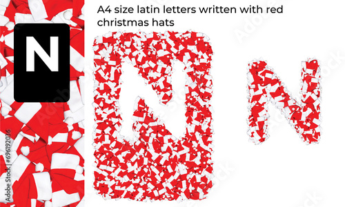 A4 size latin letter written with red christmas hats