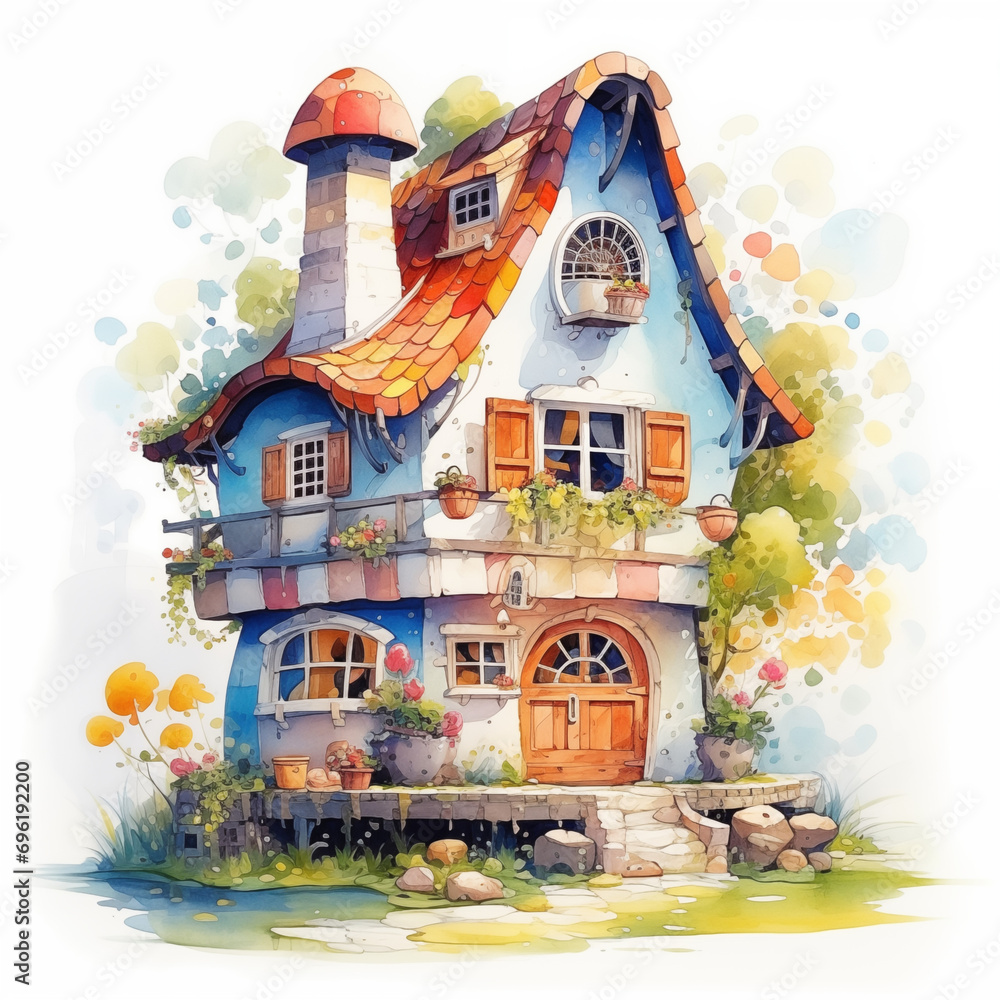 Scandy beautiful aquarelle house. Home illustartion for cards printing social media and web design. Painting school advertising. Watercolor picture hand drawn on white background.