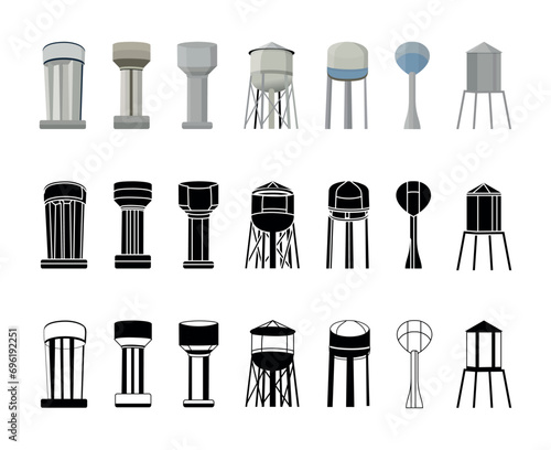 Water tower Vector Illustration Clip Art Set, Water tower Isolated White Background. Water Tower Industry, Container Tank Supply, Tower Illustration Collection.