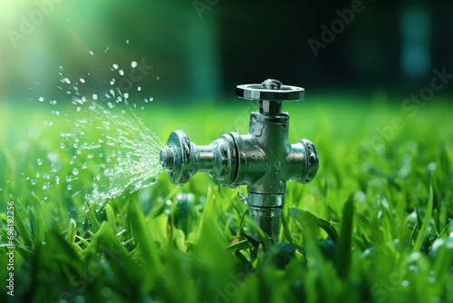 water sprinkler at garden or lawn photo