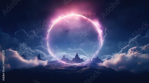 Abstract neon light cloud formation. Sphere in the sky over sunset landscape. Glowing aura circle in the sky. Cloudscape weather storm.