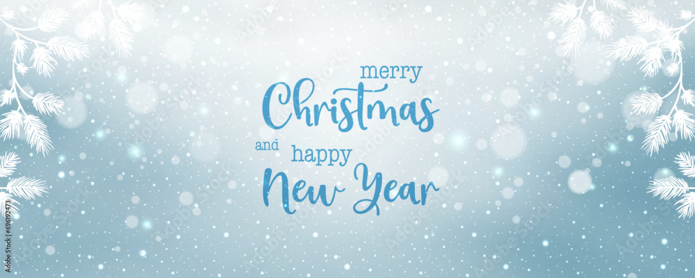Merry Christmas and Happy New Year text on blue snowy Xmas background with glitter, bokeh and fir branches. Holiday Xmas card. Vector Illustration Merry Christmas and Happy New Year text on blue snowy Xmas background with glitter, bokeh and fir branches. Holiday Xmas card. Vector Illustration