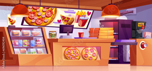 Pizzeria interior with bar counter and cashier machine, oven and showcase with food and drinks, menu banners on wall. Cartoon vector illustration of pizza restaurant room with furniture and equipment.