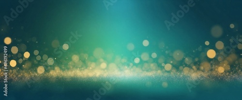 Wallpaper with a green background, with golden and glitter lights reminiscent of a bokeh effect. Generative AI. photo
