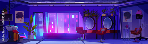 Empty beauty salon interior at night. Cartoon vector dark hairdresser studio room with furniture and equipment in dusk - armchair behind mirrors with table and drawer, sink to wash hair and cosmetics.