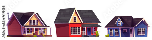 Suburban and countryside house with windows and doors, roof and patio. Cartoon vector illustration set of residential building exterior. Front view on modern country cottage or villa for family.