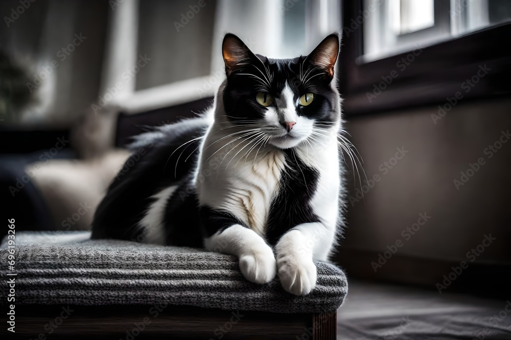 **portrait of a house black and white cat (fells silvestris catus) on a footstool at home.