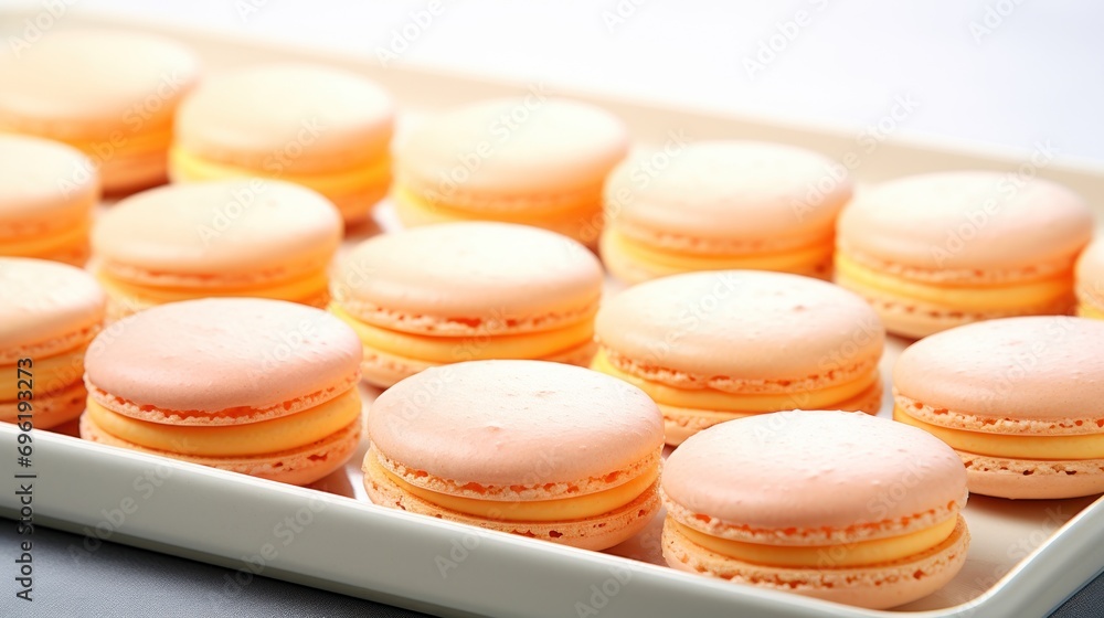 Peach-flavored macarons on a tray Peach-flavored macarons on a tray