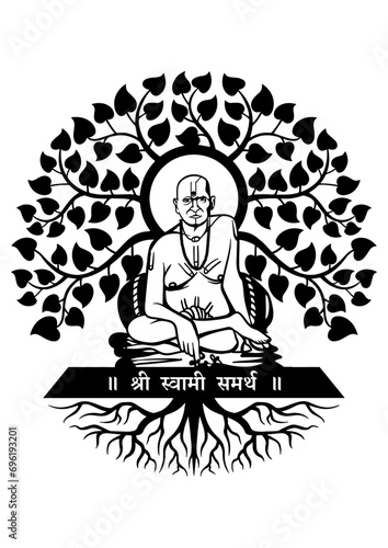 vector silhouette of swami samrtha maharaj sitting in front of banyan tree 