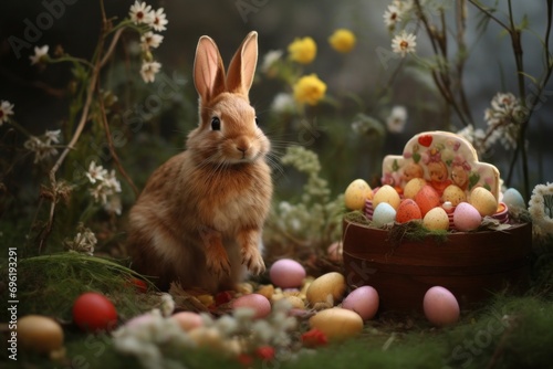  A curious rabbit near a basket of colorful Easter eggs nestled among soft white and yellow wildflowers
