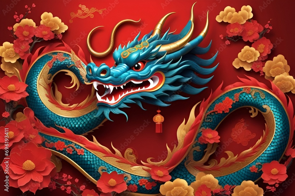 Happy chinese new year 2024 the dragon zodiac sign with flower,lantern,asian elements gold paper cut style on color background. Happy chinese new year 2024 the dragon zodiac sign with flower,lantern,asian elements gold paper cut style on color background.