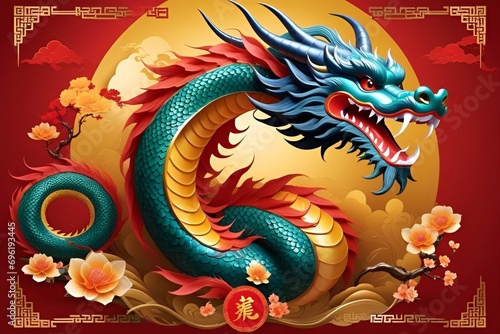 Happy chinese new year 2024 the dragon zodiac sign with flower,lantern,asian elements gold paper cut style on color background. photo