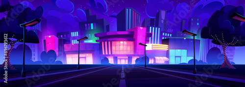 Empty road leads to city with multistorey buildings and neon lights at night. Cartoon vector landscape with asphalt highway into town. Purple bright cityscape with skyscrapers and streetlights.