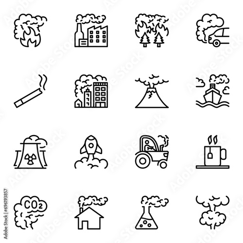 smoke related vector line icons set. pollution, gas, steam, burn, flame, lined, heat, smoke, factory, fog, outline, fire, graphic, burning, smog, cigarette, isolated, shape, hot, emission