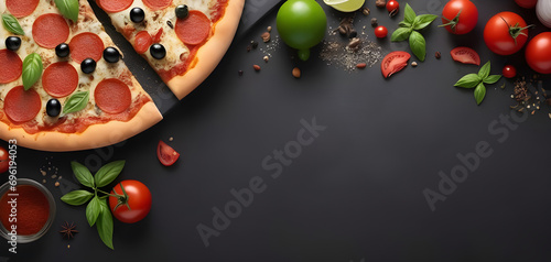 fresh pizza on dark background.