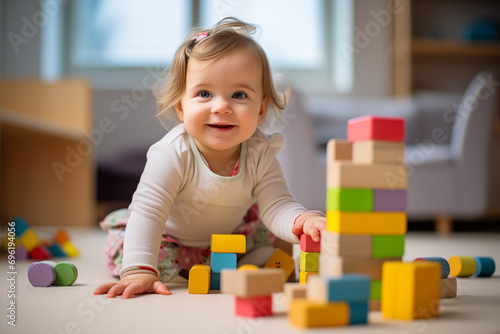 Children baby toddler playing building blocks and toys and smiling laughing. Cute one two years old baby with dark and light hair. Early education. Happy activity childhood. Games photo