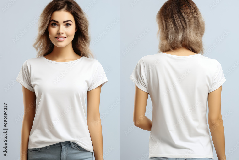 Mockup of a front and back views of young woman in a white t-shirt on a white background Mockup of a front and back views of young woman in a white t-shirt on a white background