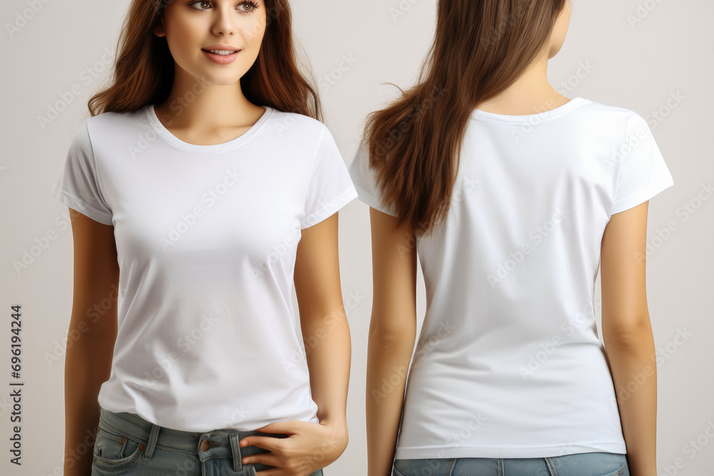 Mockup of a front and back views of young woman in a white t-shirt on a white background Mockup of a front and back views of young woman in a white t-shirt on a white background